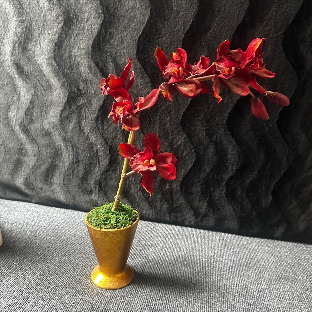 Cymbidium Orchid in Gold Pot Faux